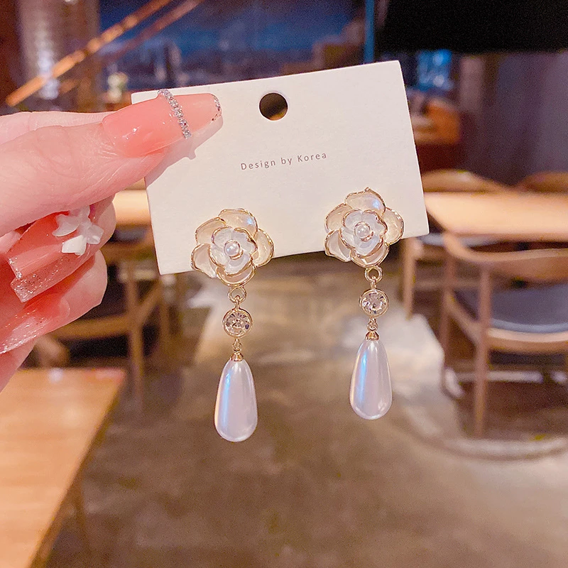 合金耳饰 爆款滴油山茶花长款耳环S925银针超仙气质高级设计感耳