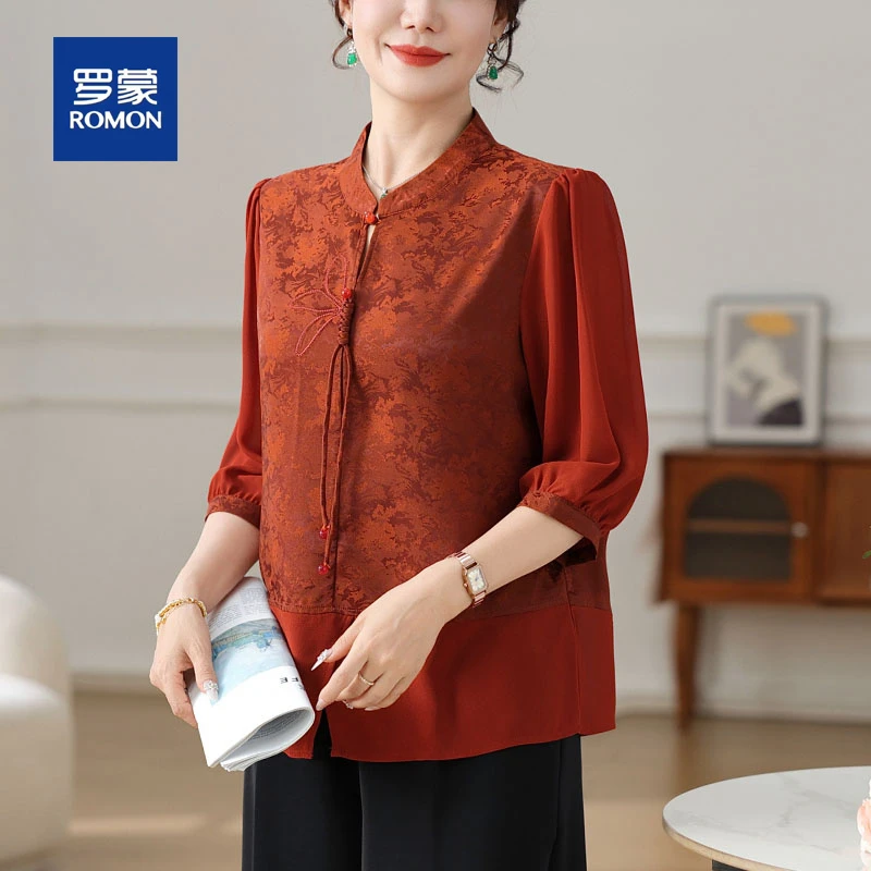 罗蒙中年妈妈夏装新款国风衬衫套装女中老年夏季新中式气质小衫女