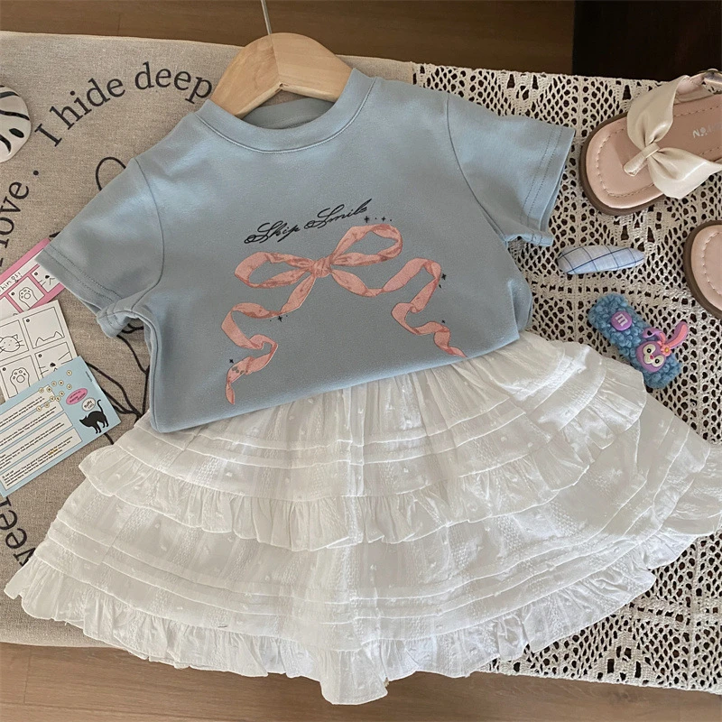韩版童装2024新款夏季女童印花蝴蝶结短袖T恤洋气蕾丝半裙两件套