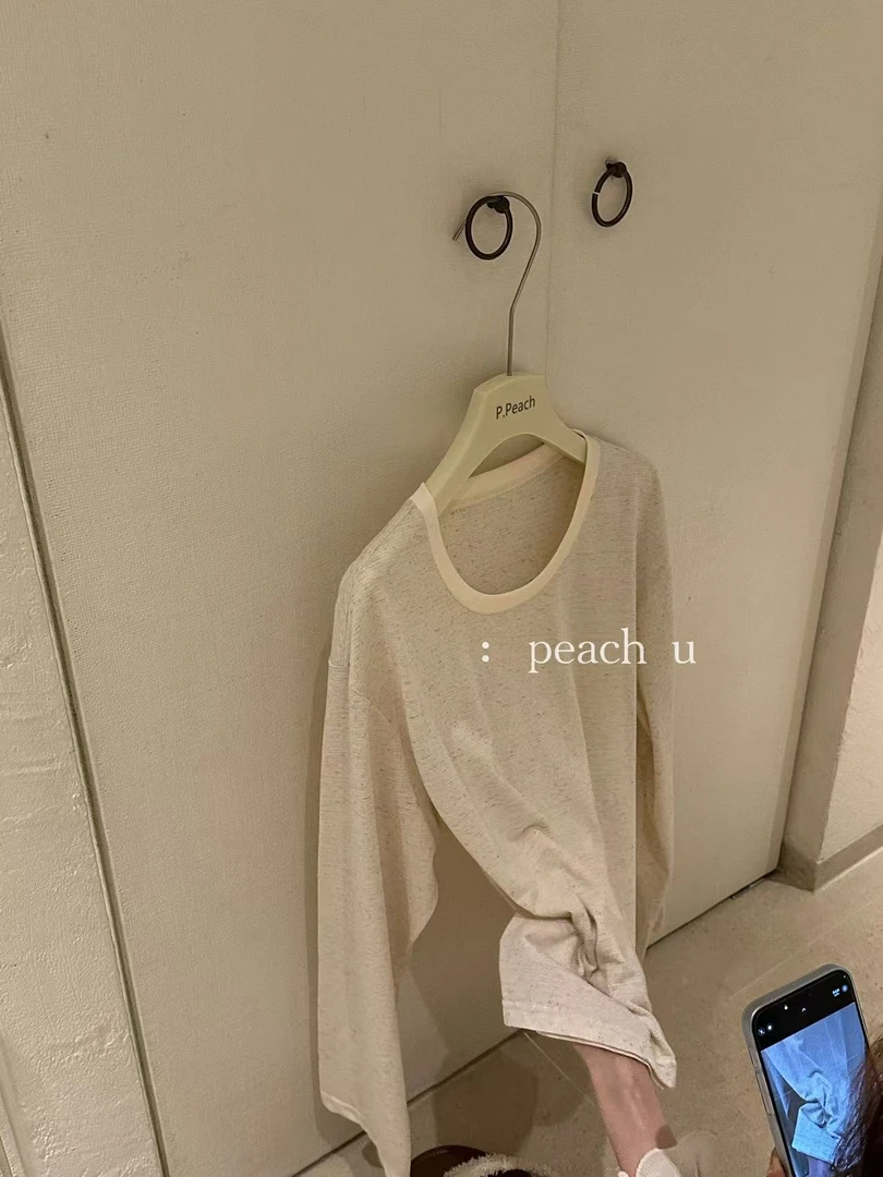 Peach自制 JI致慵懒 撞色设计感休闲条纹长袖T恤 10009