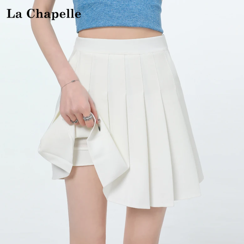 【拉夏贝尔】高腰百褶裙女弹力白色学院风短款裙子加长A字半身裙子