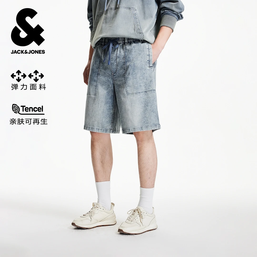 杰克琼斯男装夏季牛仔短裤裤子时尚廓形松紧腰水洗工艺双侧插袋