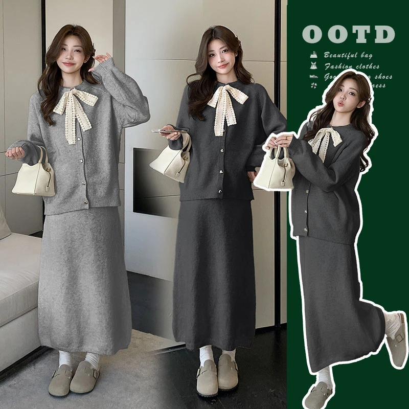孕妇装2025秋冬新款韩系时尚设计感丝带针织毛衣开衫半身裙两件套