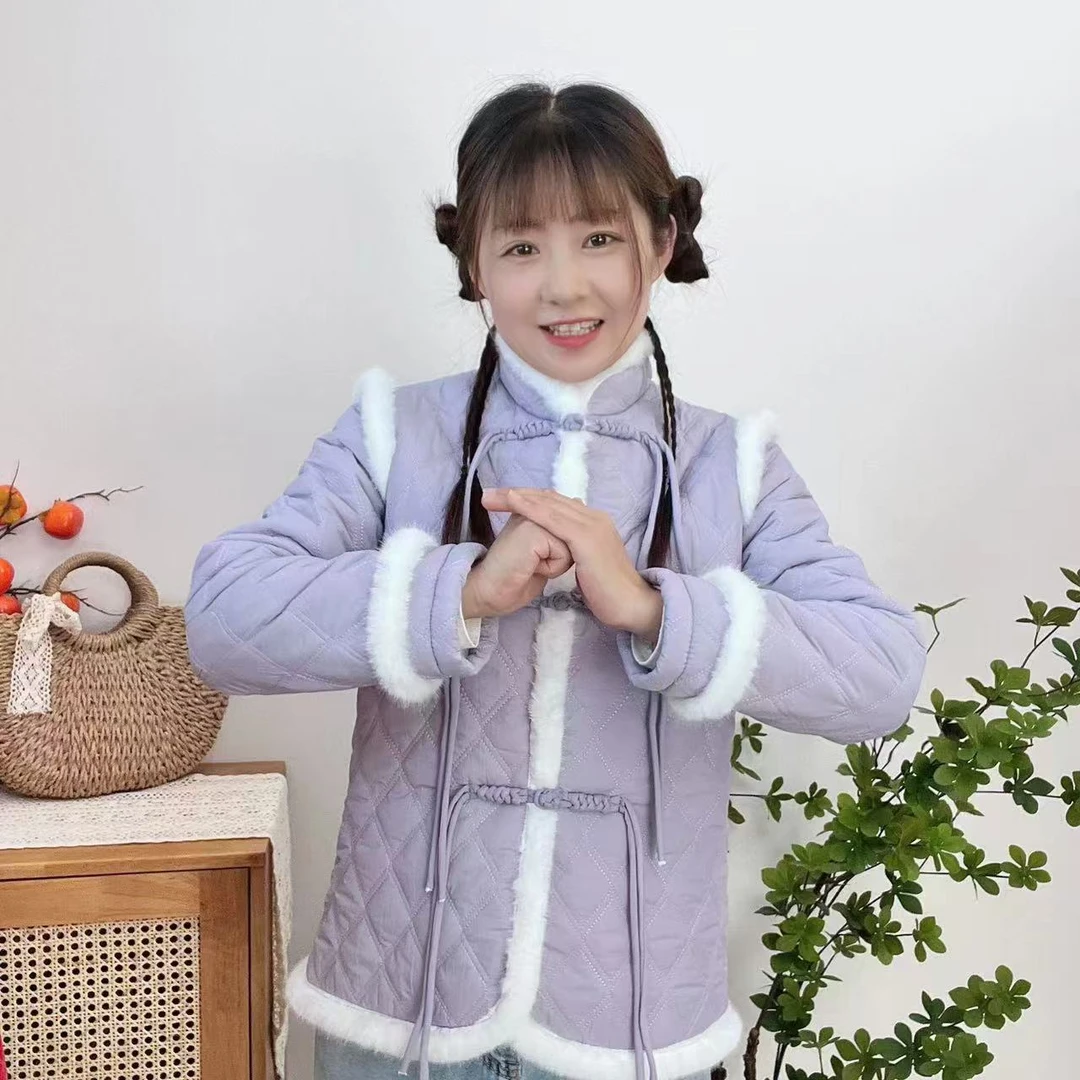 冬季加绒加厚中式复古整襟盘扣立领毛边女士棉服外套