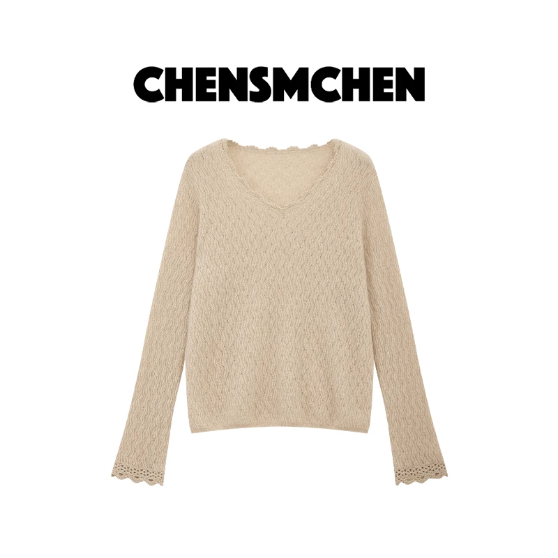 CHENSMCHEN山羊绒V领长袖针织衫女舒适慵懒休闲显瘦上衣CSZ6133MN