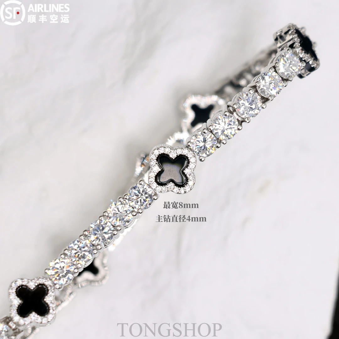 铜合金合成锆石手链 TONGSHOP 黑四叶草网球链 手链&项链 四叶草