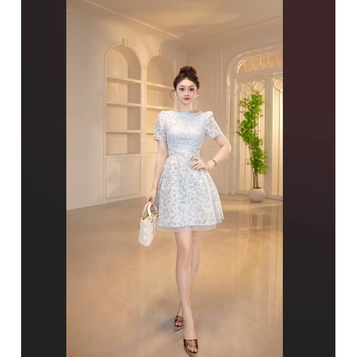 【显瘦定制】短袖拼接一字领树脂固色连衣裙法式名媛慵懒风45224