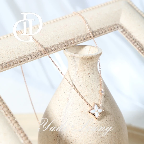 坠链均925银 梁雅帝新品【玫瑰金四叶乳白宝相花】设计感纯银项链