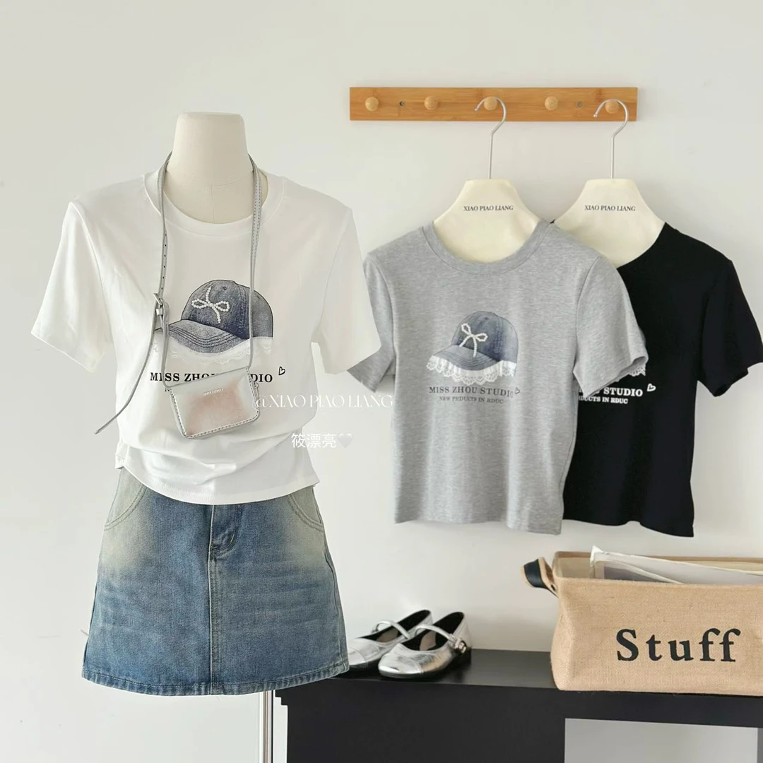 韩系夏季复古百搭印花立体蝴蝶结装饰圆领短款短袖t恤衫0319#0.1