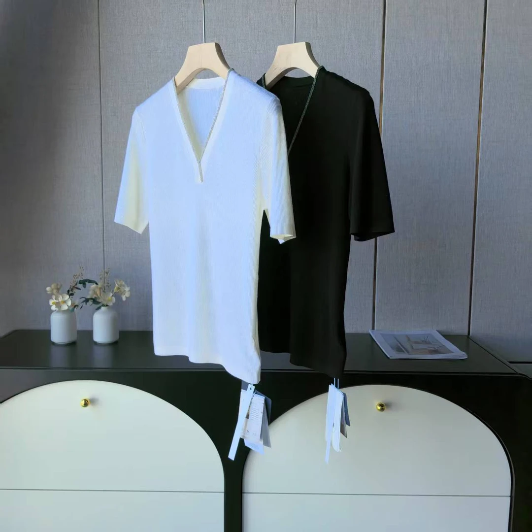 8044【京都佳人】B~C扬子纱 F8044气质钉珠Y字领坑条短袖