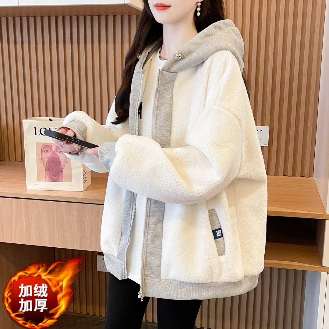 休闲百搭韩版宽松秋冬加绒加厚拼色连帽卫衣外套