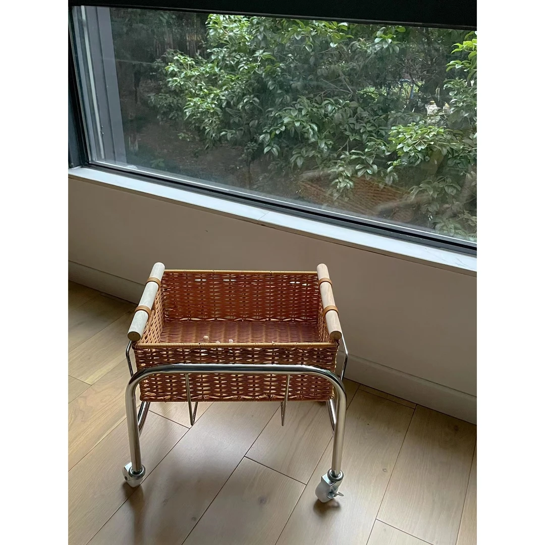 零食玩具置物架小推车中古藤编收纳篮可移动卫生间置物架储物架