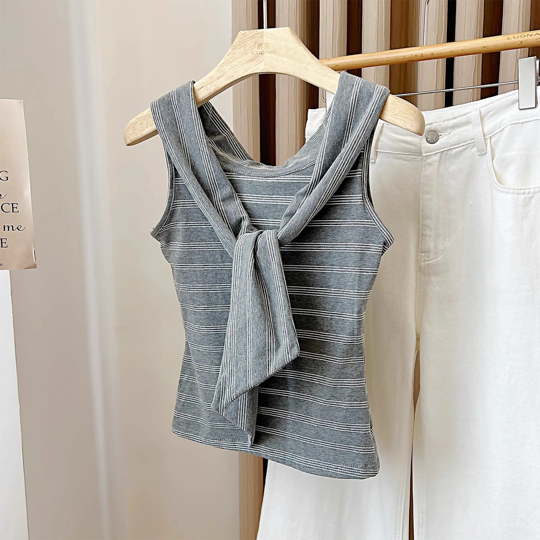 设计感小众绑带灰色条纹无袖背心t恤女辣妹修身短款一字肩上衣夏