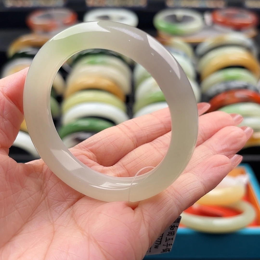 和田玉未镶嵌手镯紫翠三色52.5