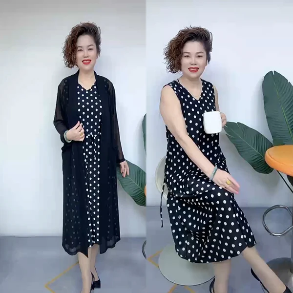 新款高弹力无袖中长款夏季时尚显瘦大码波点妈妈装女装连衣裙004