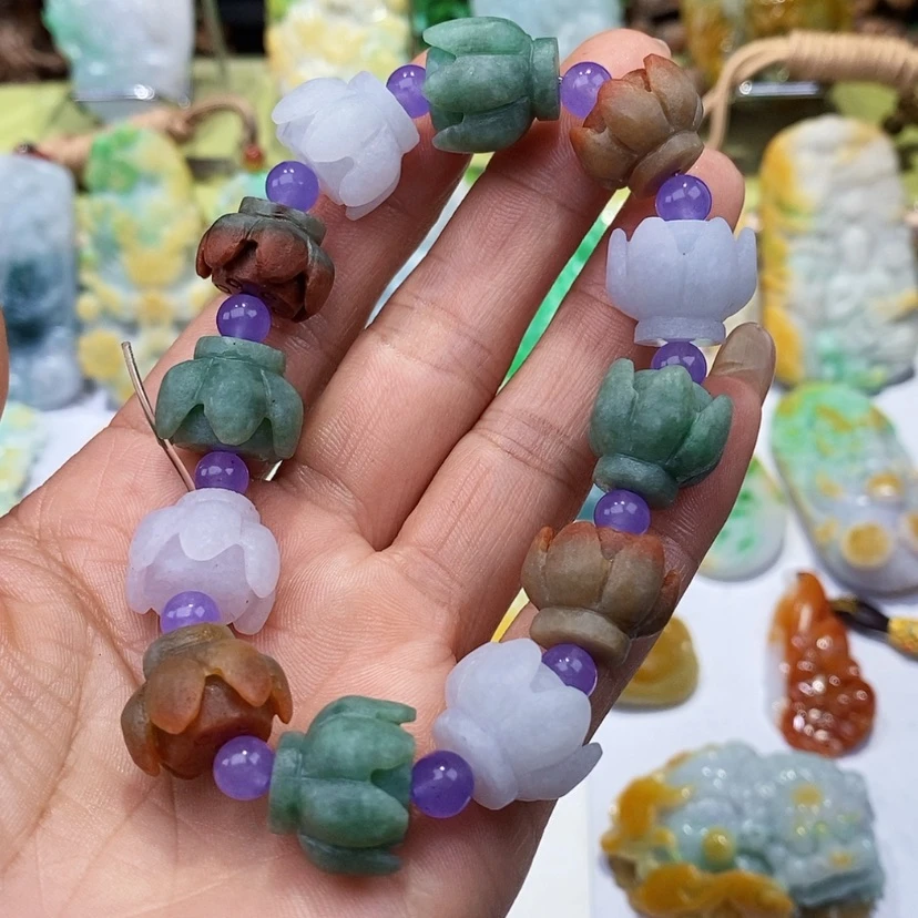 【闪购商品】定制翡翠未镶嵌莲花手串翡翠Ａ货一物一证