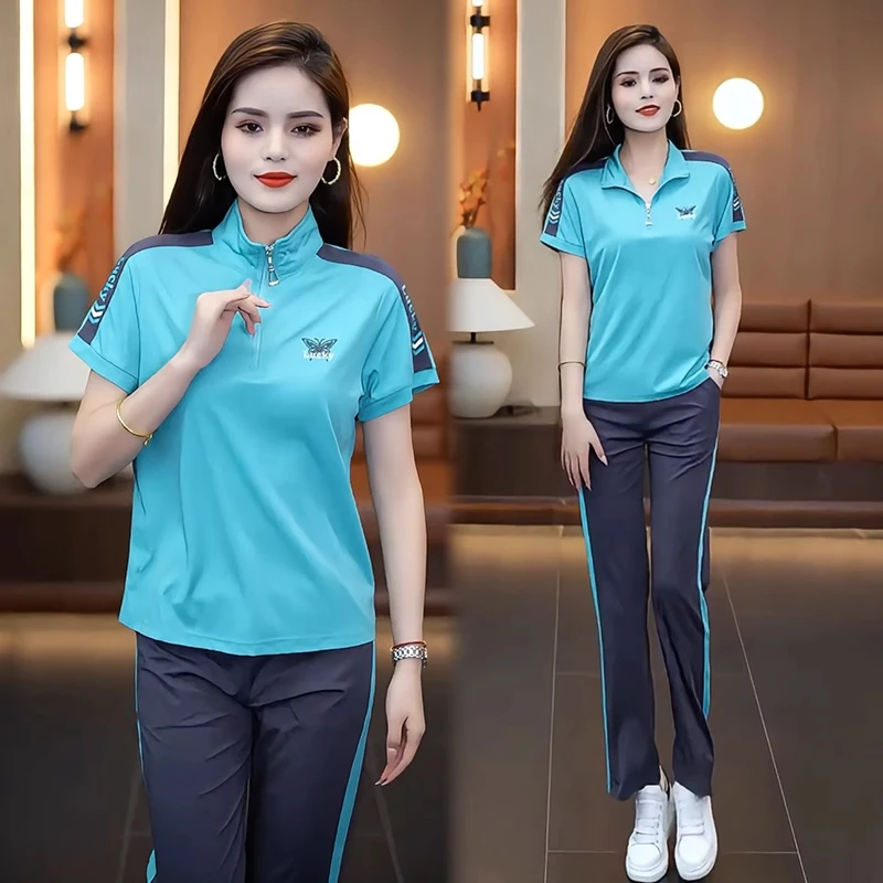 时尚多巴胺色运动套装女2025夏季新款时髦洋气上衣阔腿裤两件套潮