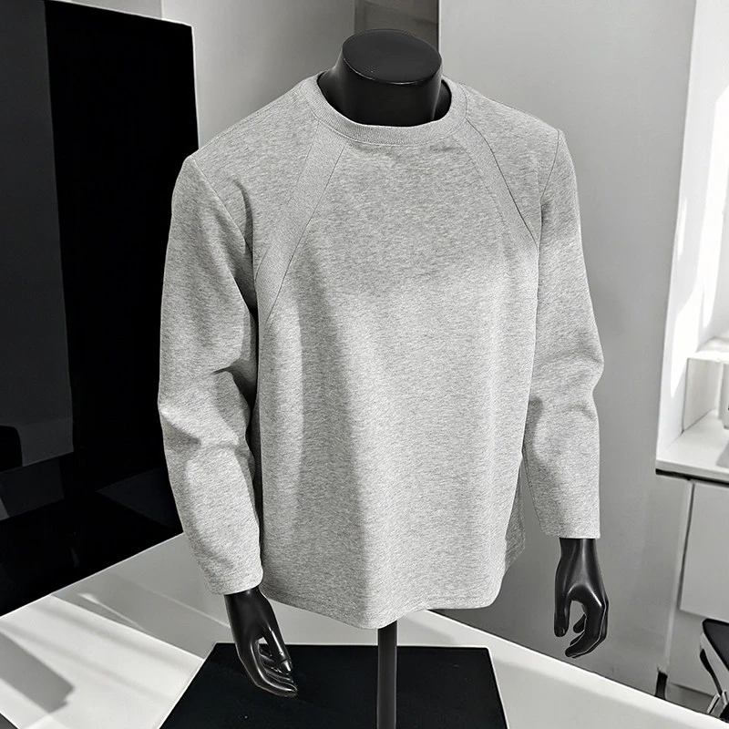 灰色解构拼接卫衣男秋季美式重磅长袖t恤cleanfit小领口硬挺上衣