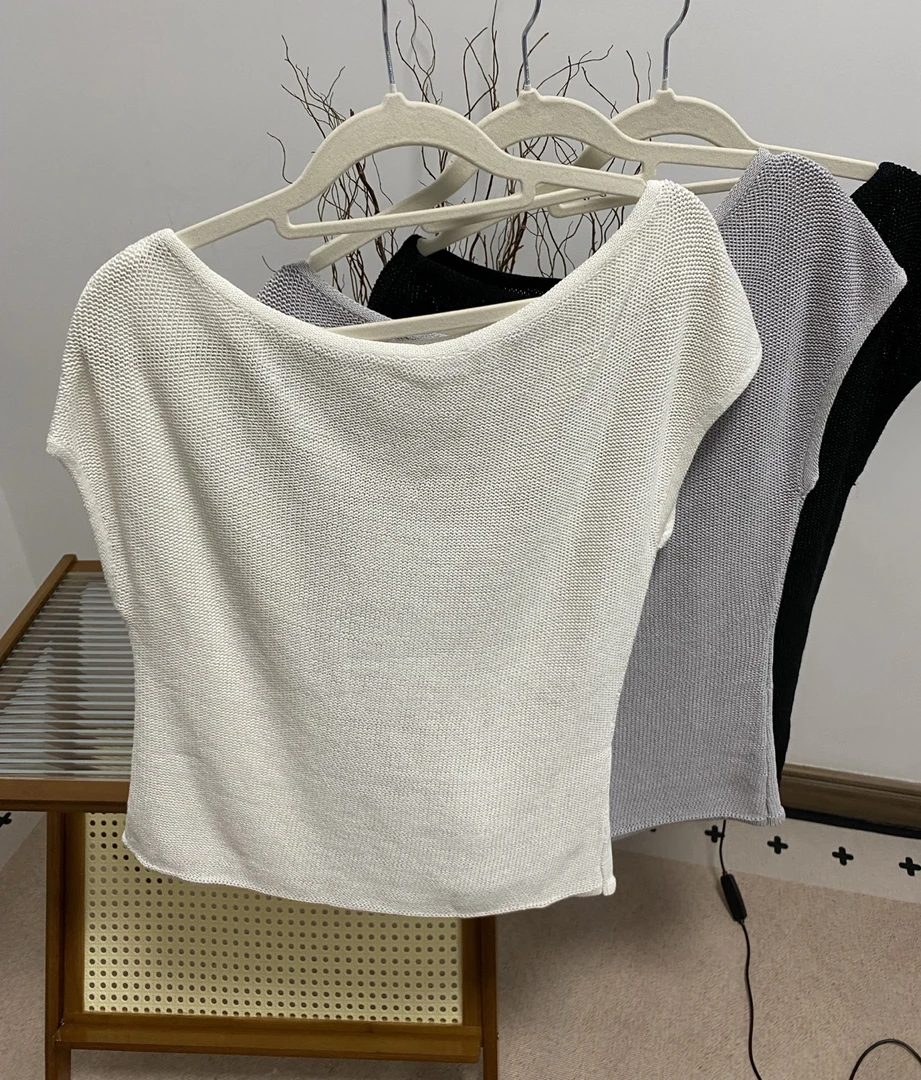 Ivy极简一字领斜肩针织上衣老钱风短袖女设计感短袖上衣女