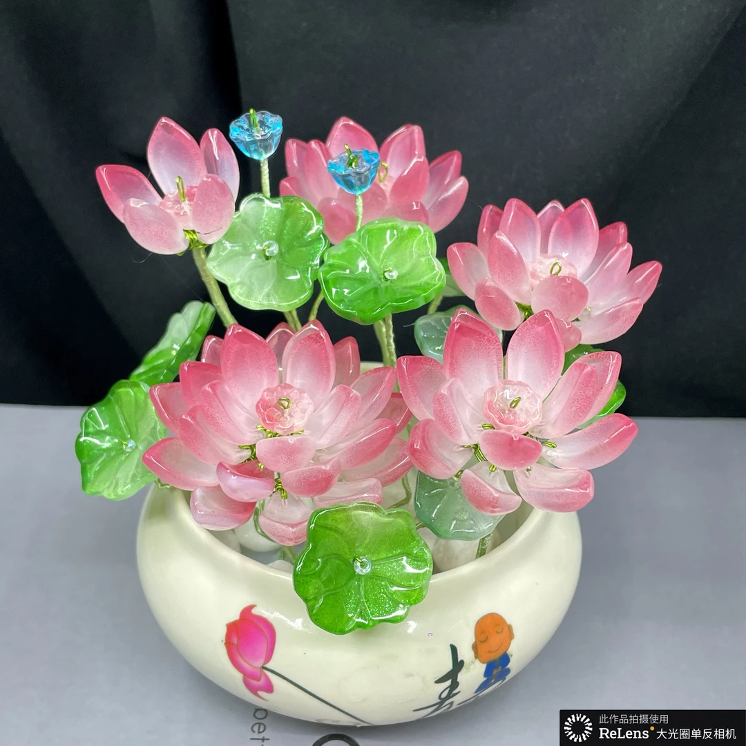 【成品琉璃荷花】】佛前工艺品插花供花观音茶几摆件家居简约禅意