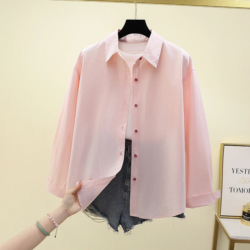 纯棉长袖薄款防晒衫女春夏季时尚休闲上衣宽松百搭纯色气质衬衣潮