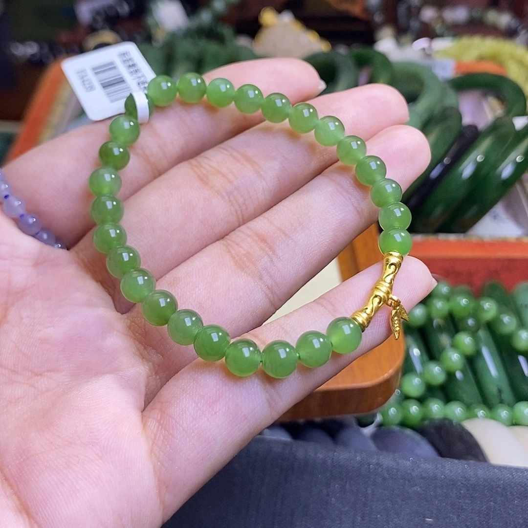 和田玉未镶嵌颈饰碧玉果绿阳绿手串6mm