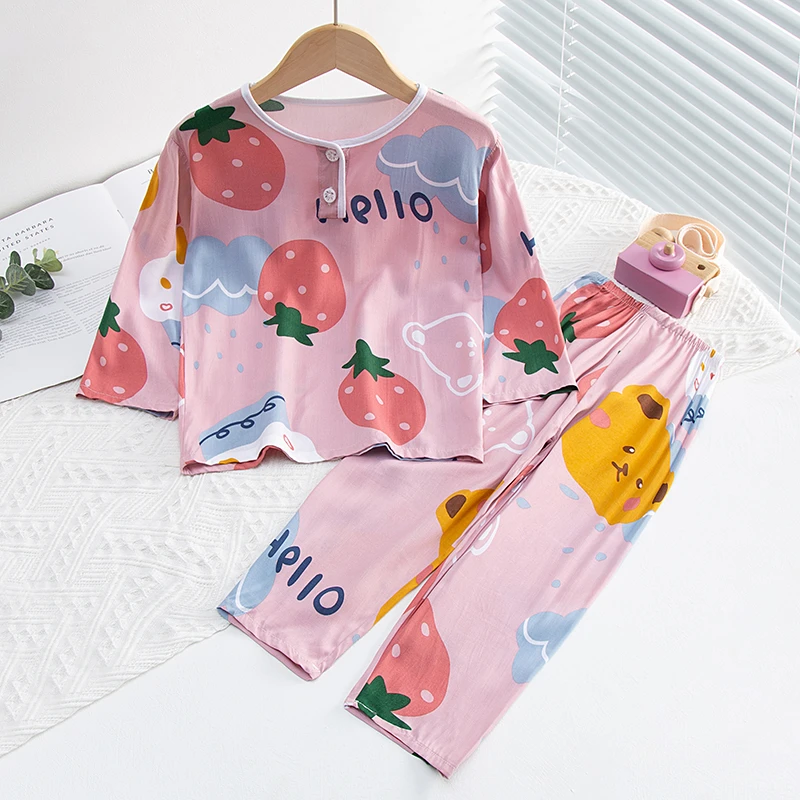 夏季儿童棉绸睡衣男童空调服女童绵绸宝宝长袖居家服薄款亲子套装