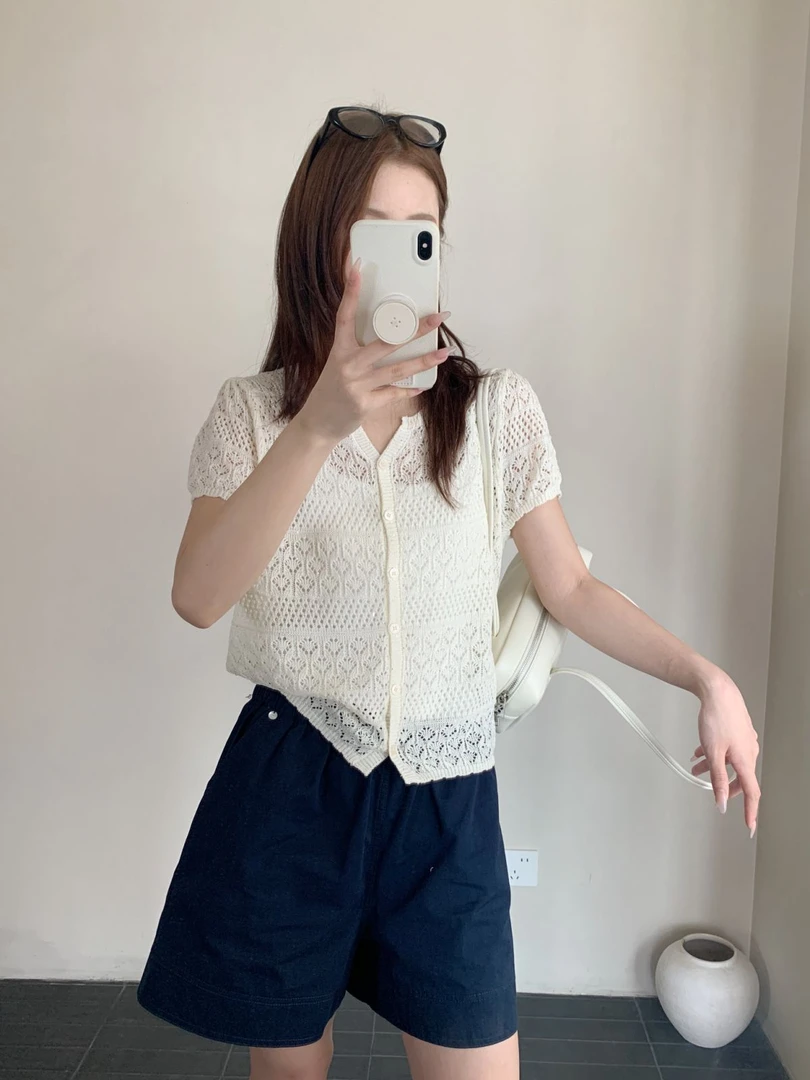 【素简.500158】春款上新星点亚麻肌理小心心开衫女装上新针织衫