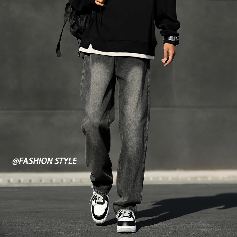 烟黑色美式复古牛仔裤男士秋冬季高街潮流男款休闲裤宽松直筒裤子