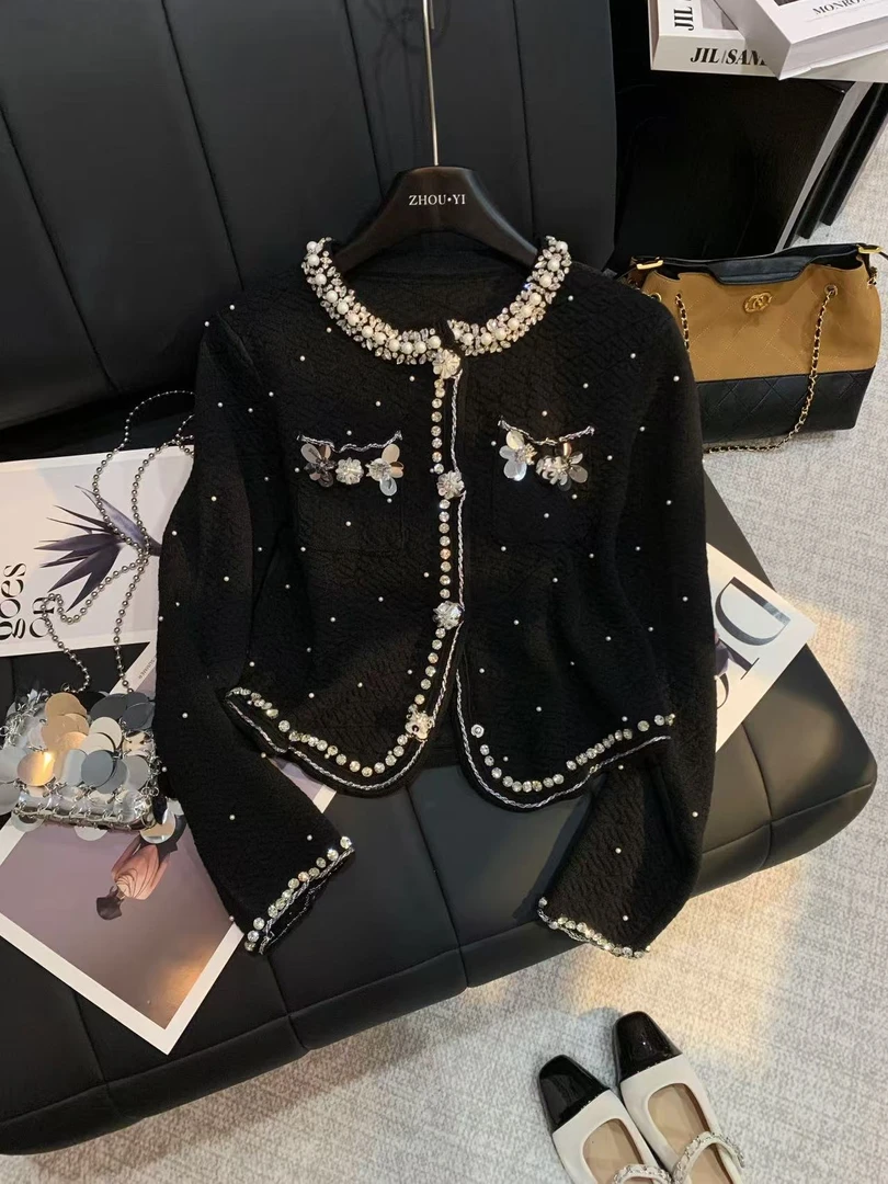 ZHOUYI/周一 2025冬季厚款黑色轻奢满天星亮钻外套复古亮片上衣