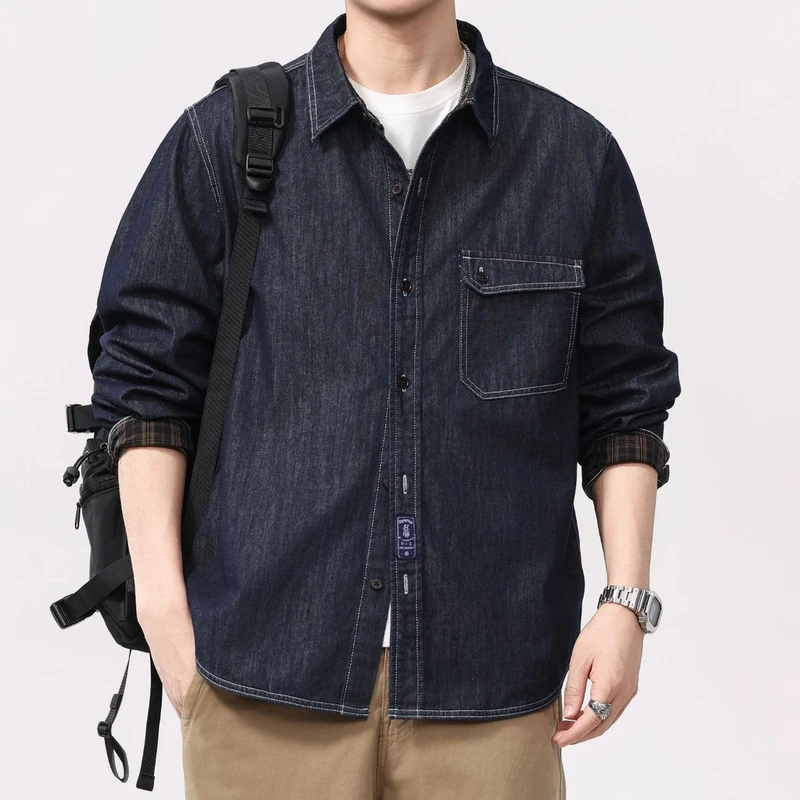 黑色牛仔衬衫男士长袖2025年春秋新款休闲百搭纯棉衬衣外搭上衣