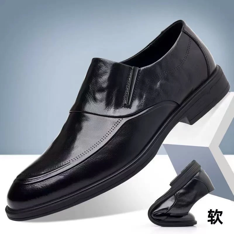 【跳跳鱼】透气牛皮鞋商务爸爸鞋轻便潮流透气休闲皮鞋套脚2023