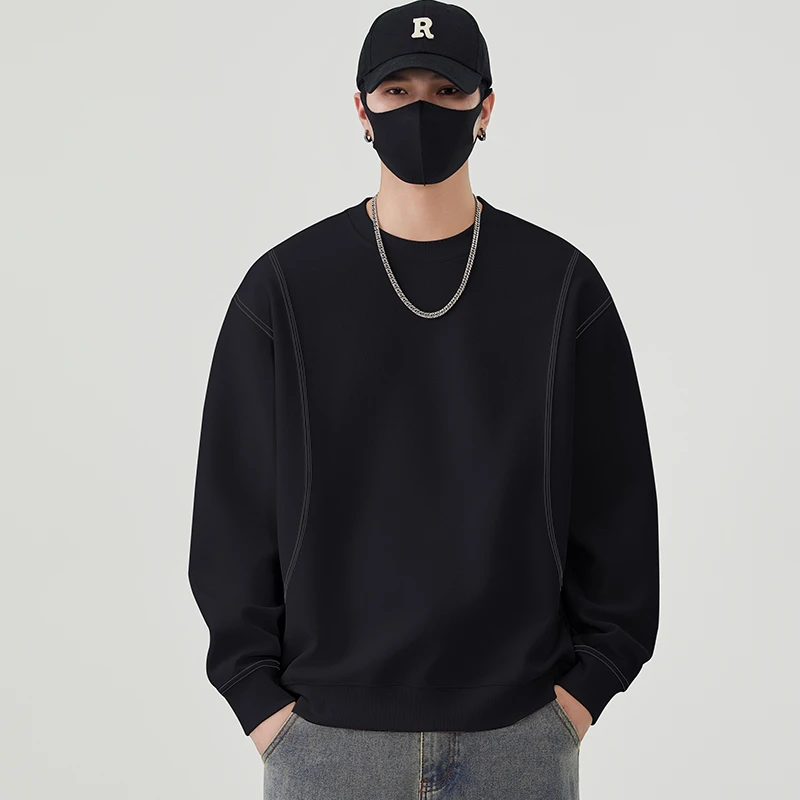 重磅设计感圆领套头卫衣男2025春秋季新款辑明线宽松百搭长袖上衣