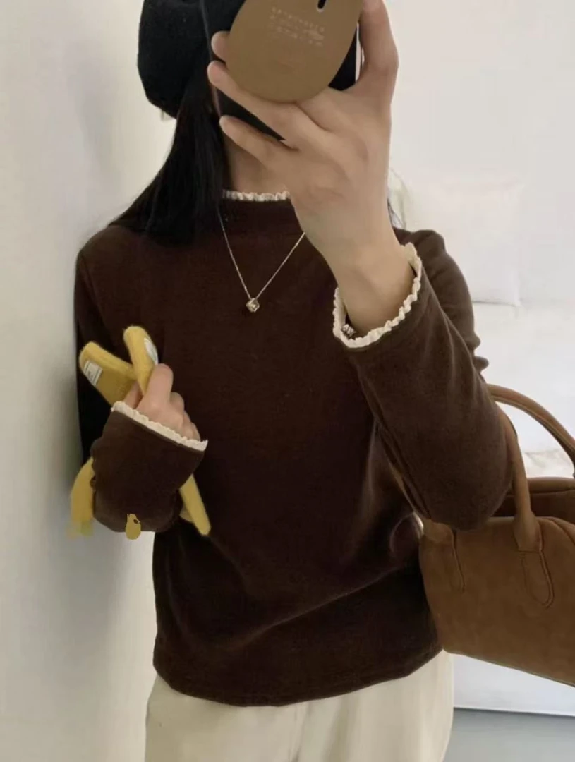 秋冬拼接蕾丝长袖打底衫