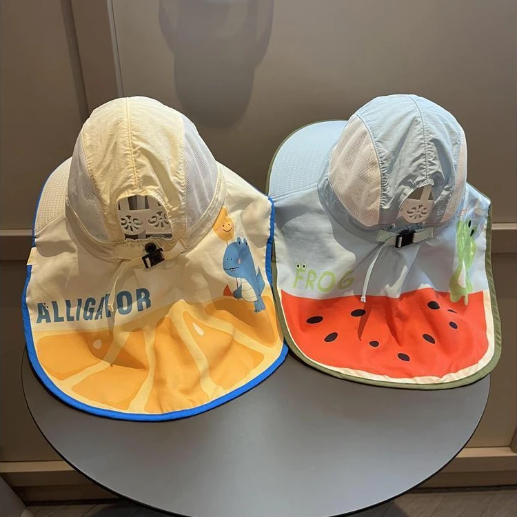 儿童夏季太阳帽遮阳帽大檐女童网披肩帽男宝宝沙滩渔夫帽户外