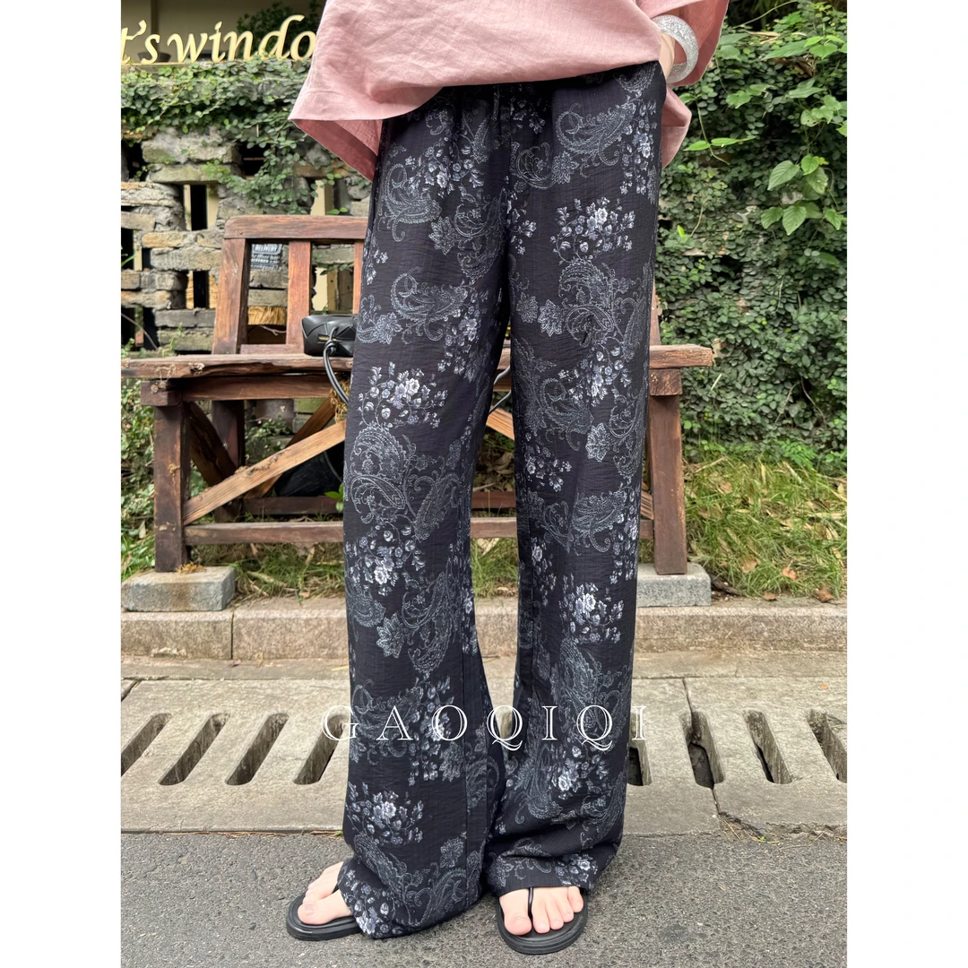 Bird高七七 夏季新款碎花直筒裤休闲裤百搭显瘦阔腿裤长裤KZ2047G