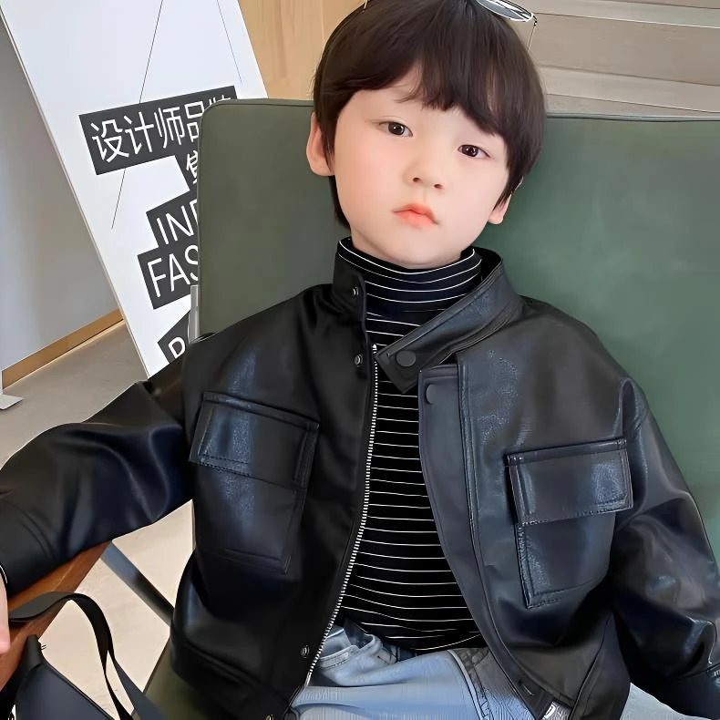 【现货】男童女童皮夹克外套2025洋气中大童春秋款时尚时髦炸街韩版