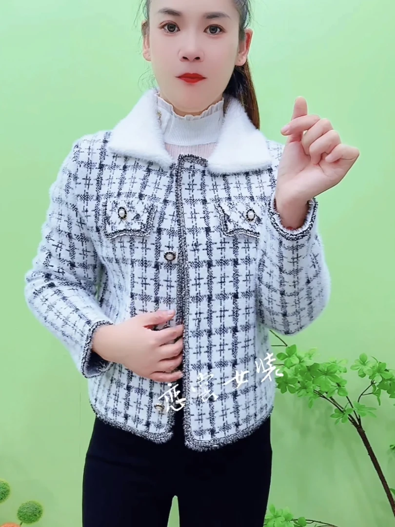 POLO领翻领长袖常规款仿水貂短款香风格子秋冬季百搭潮流外套上衣