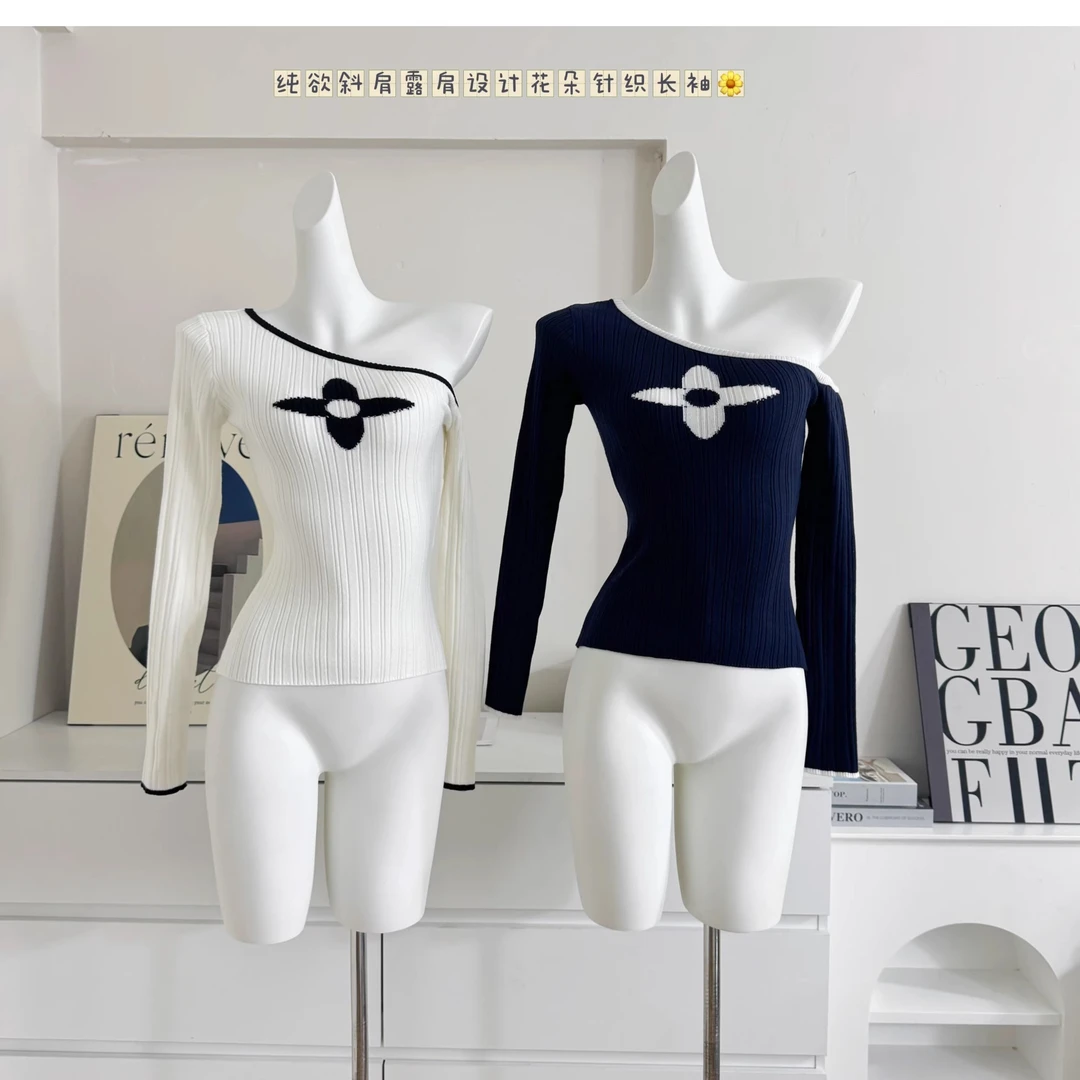 2025秋季新款显瘦性感斜肩撞色图案小众紧身露肩长袖针织衫上衣女