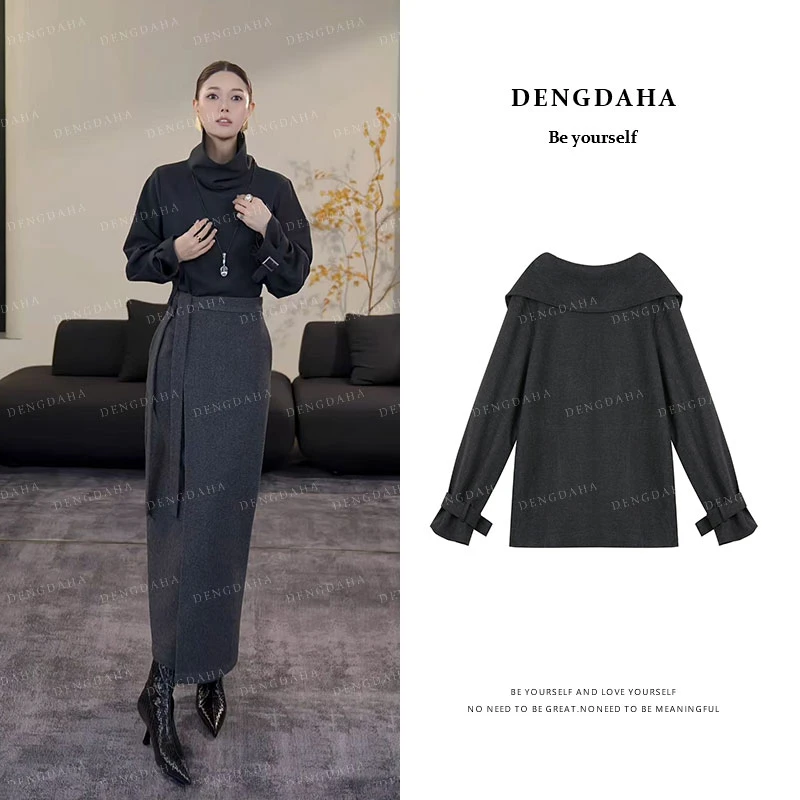 DENGDAHA「极简格调」老钱风高领翻领宽松百搭上衣短款衬衫 A9104