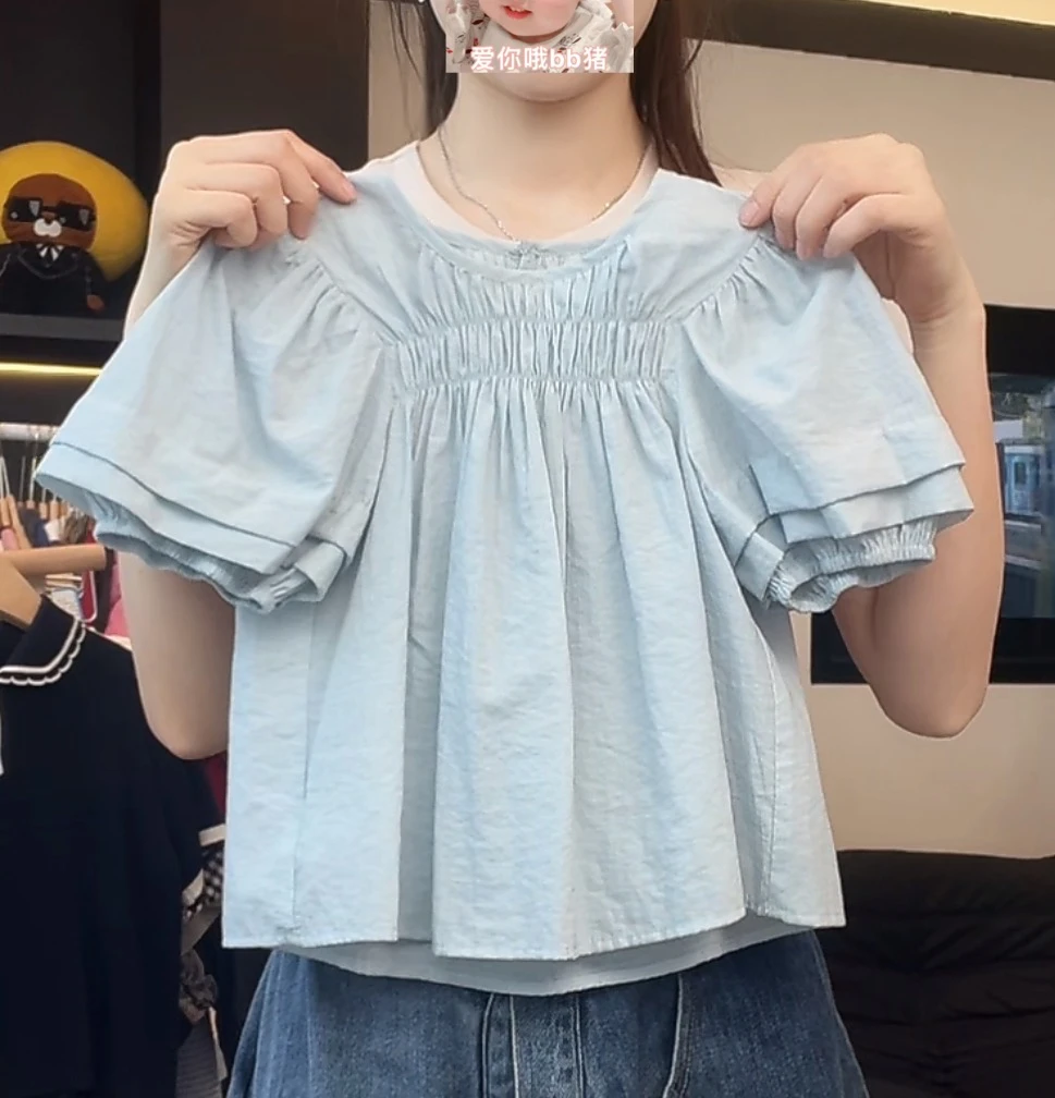 现【茶花少女】阿卷女童设计感打揽衬衣泡泡袖娃娃衫上衣MPG6018