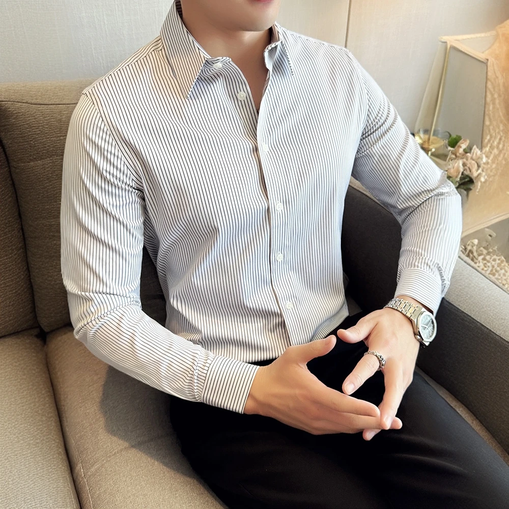 衬衫男士秋季新款长袖高级抗皱商务修身衬衣休闲白色轻奢痞帅男装