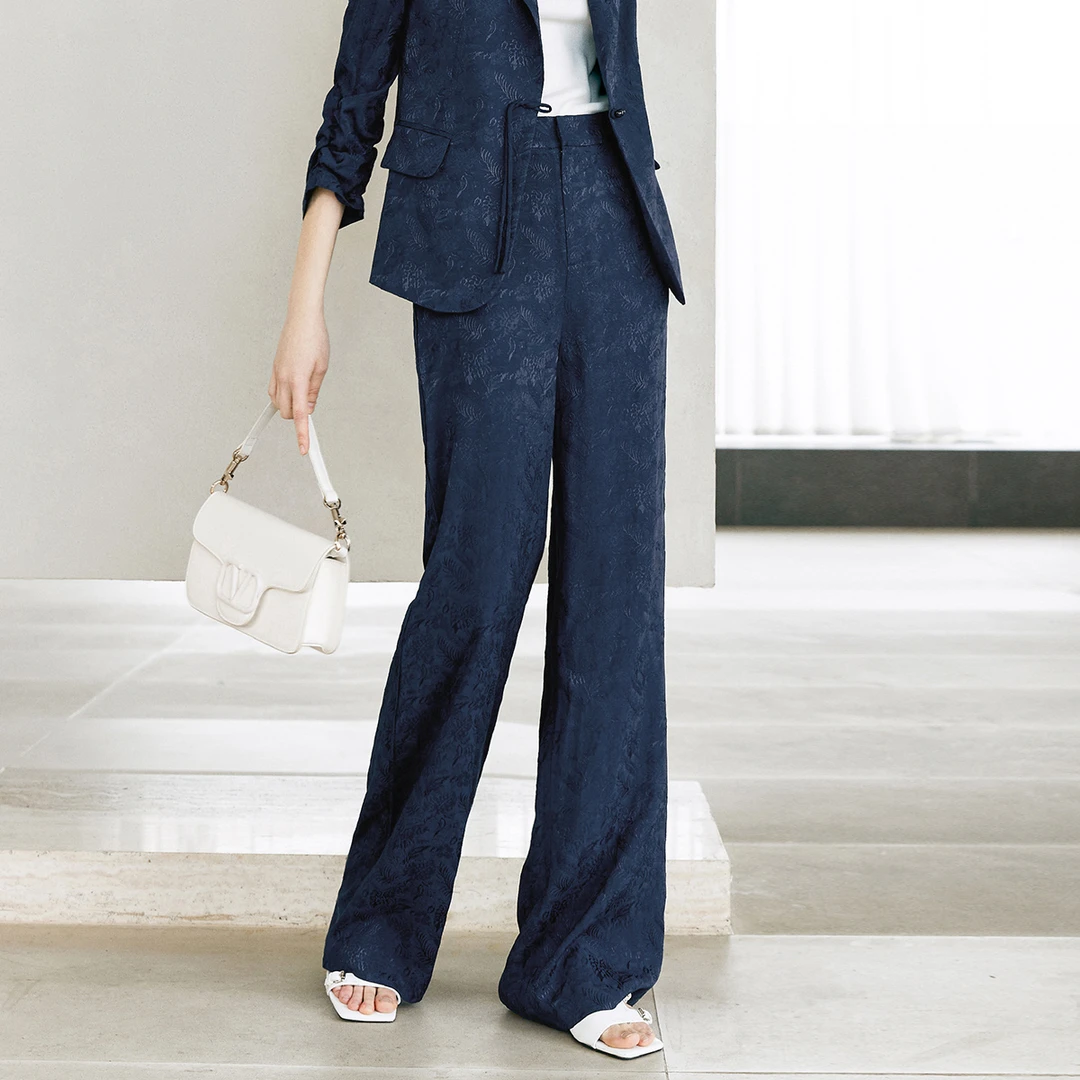 颜域蓝色提花裤子女2025新款夏款垂坠感女裤高腰阔腿裤气质西装裤