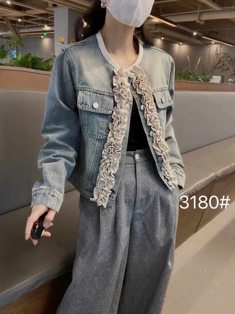 欧洲站2025春季新款欧货女时尚圆领木耳边短款百搭牛仔外套29508