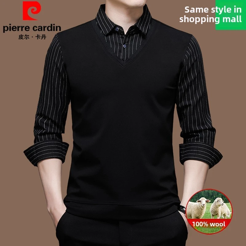 皮尔卡丹高端假两件长袖T恤男秋冬羊毛衬衫领爸爸装商务打底衫
