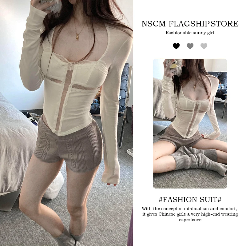 NSCM秋季新款纯欲慵懒风蕾丝十字分割打底衫修身收腰上衣针织短裤