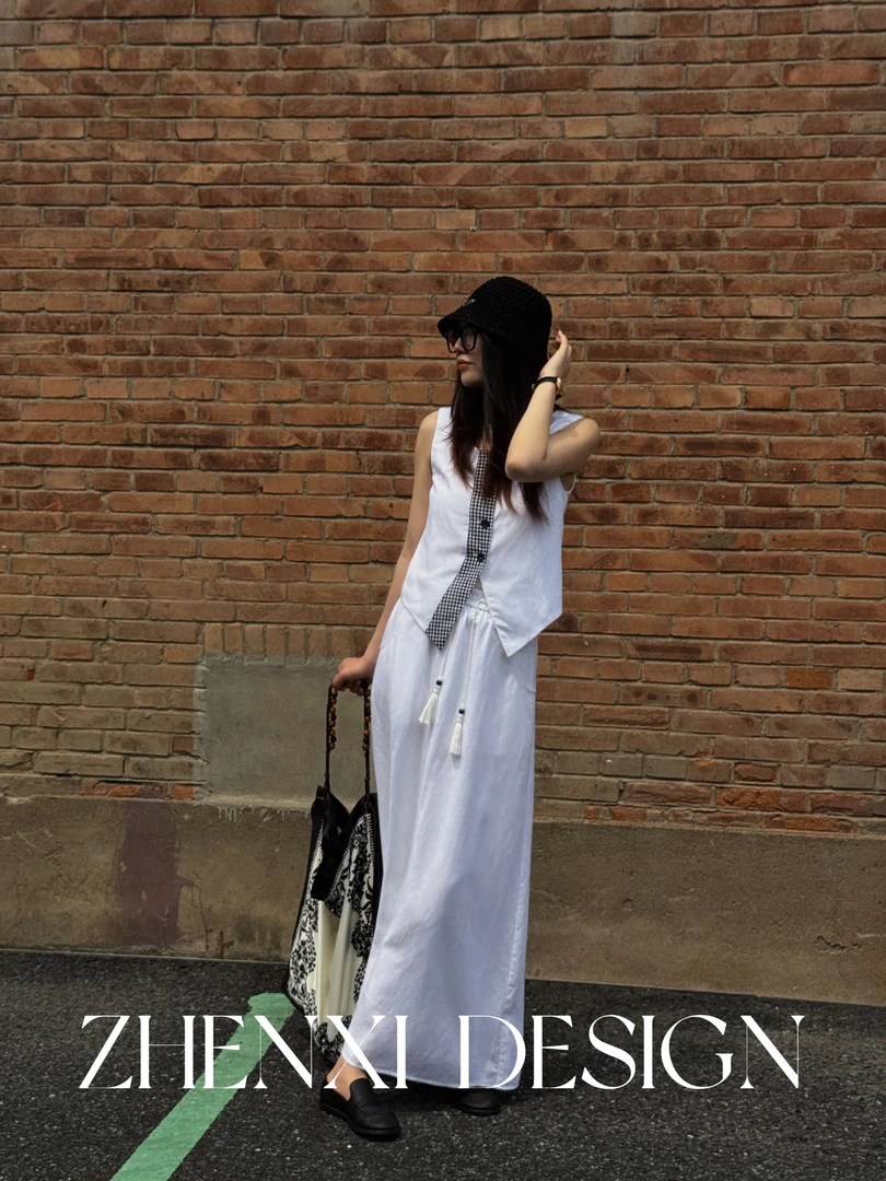 针西【慵懒周末】高个子夏季防晒户外无袖拼接格纹马甲套装X60056