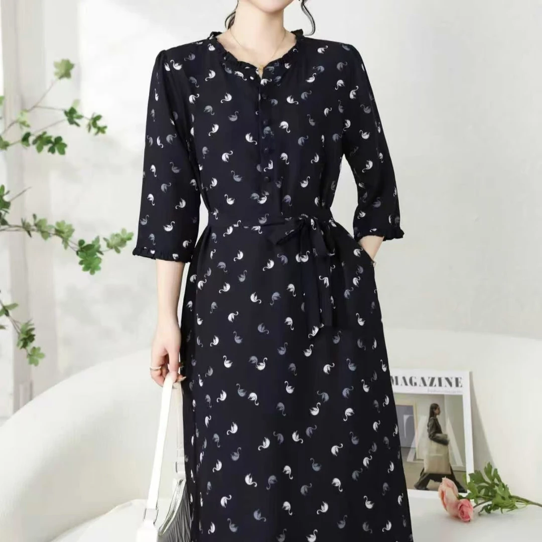 N331【锦悦】新中式小天鹅短袖宽松连衣裙落肩袖显瘦中长裙女连衣裙