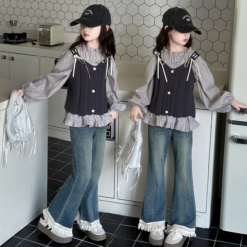 女童春装森系甜美针织马甲衬衫套装2025儿童洋气春秋喇叭裤三件套