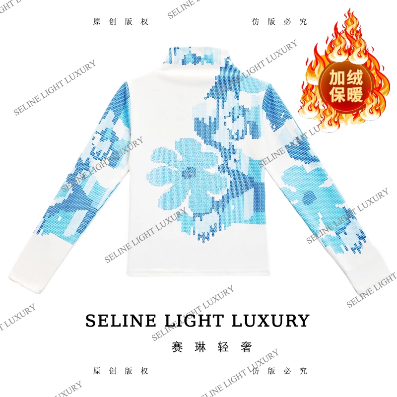 【25Q-775】太 2025 SELINE 白蓝拼图太阳花印花气质高领加绒长袖